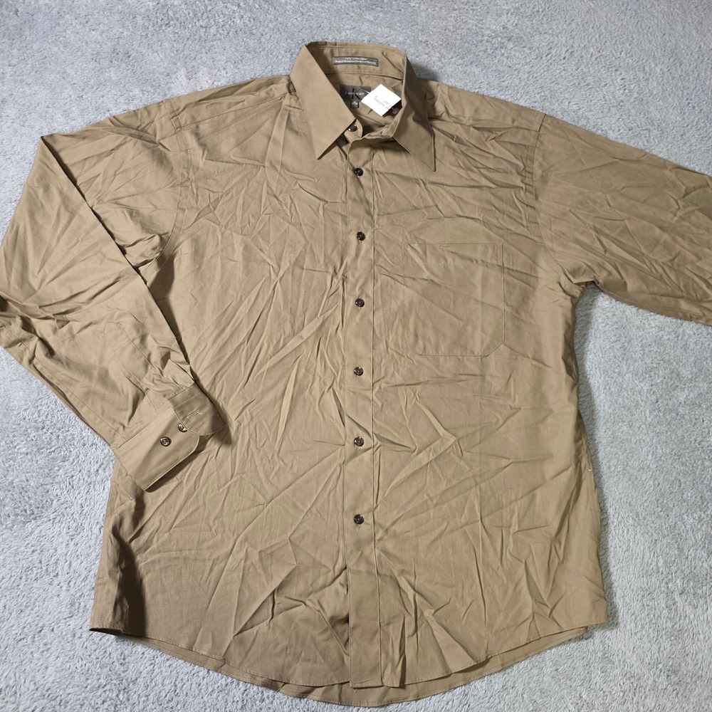 Calvin Klein Mens 16 32-33 Button Down Shirt Khaki Tan Cotton Long Sleeve Pocket